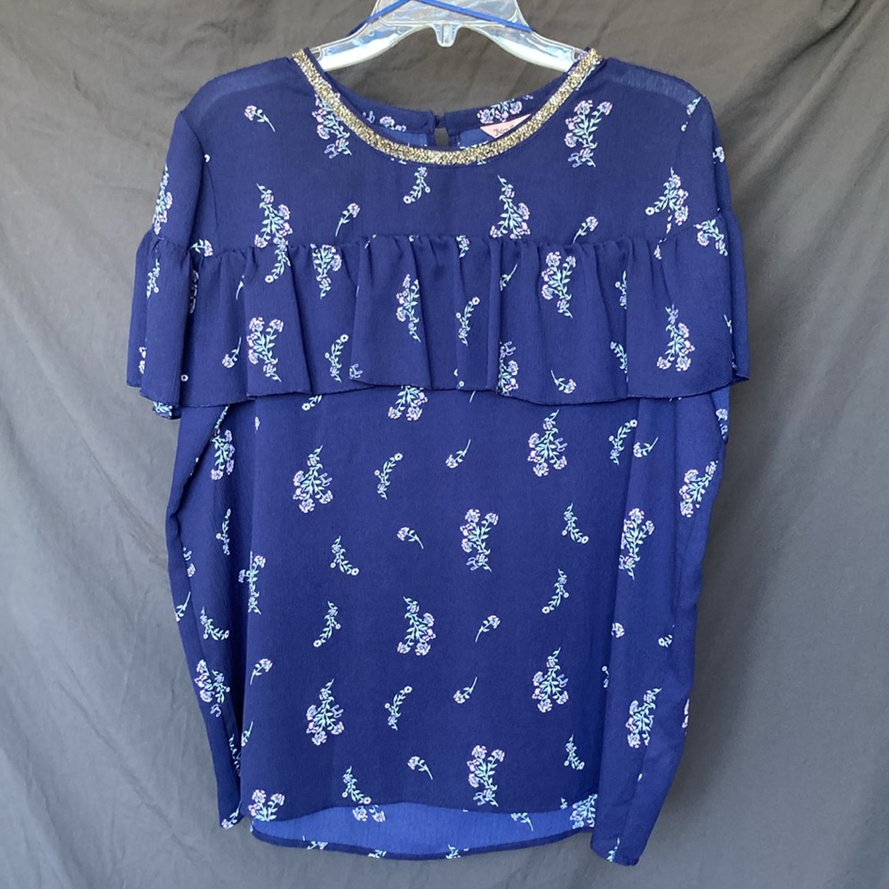 Juicy Couture floral print ruffle layer top w bling neckline XL
